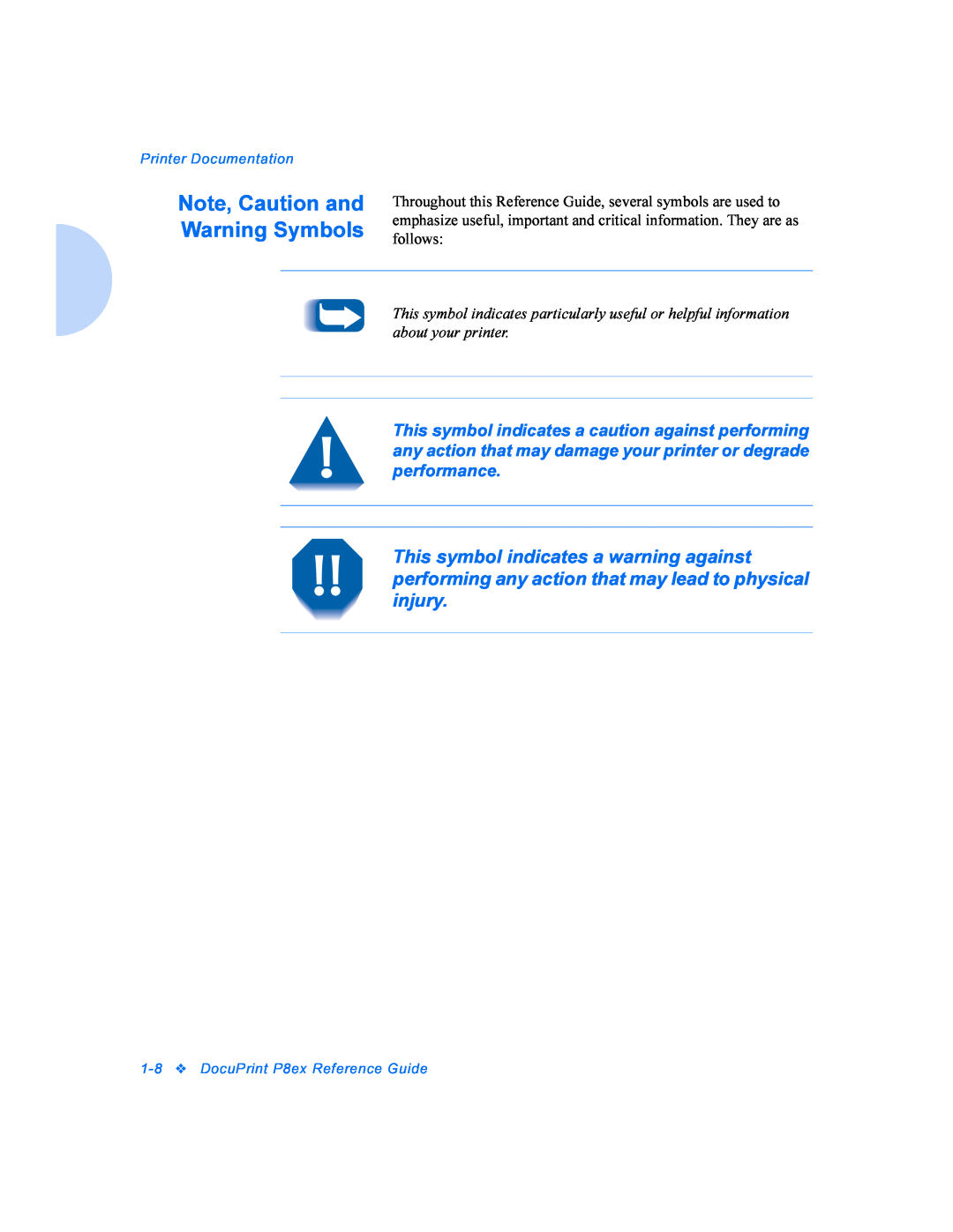 Xerox P8EX manual Note, Caution and Warning Symbols, Printer Documentation, 1-8DocuPrint P8ex Reference Guide 