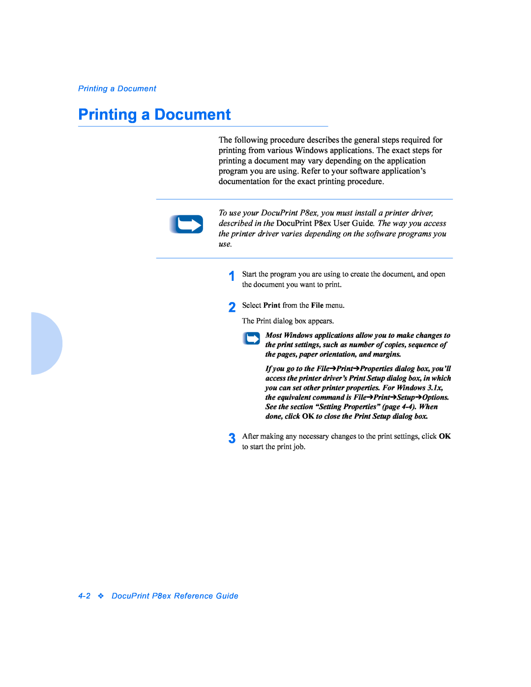 Xerox P8EX manual Printing a Document, 4-2DocuPrint P8ex Reference Guide 