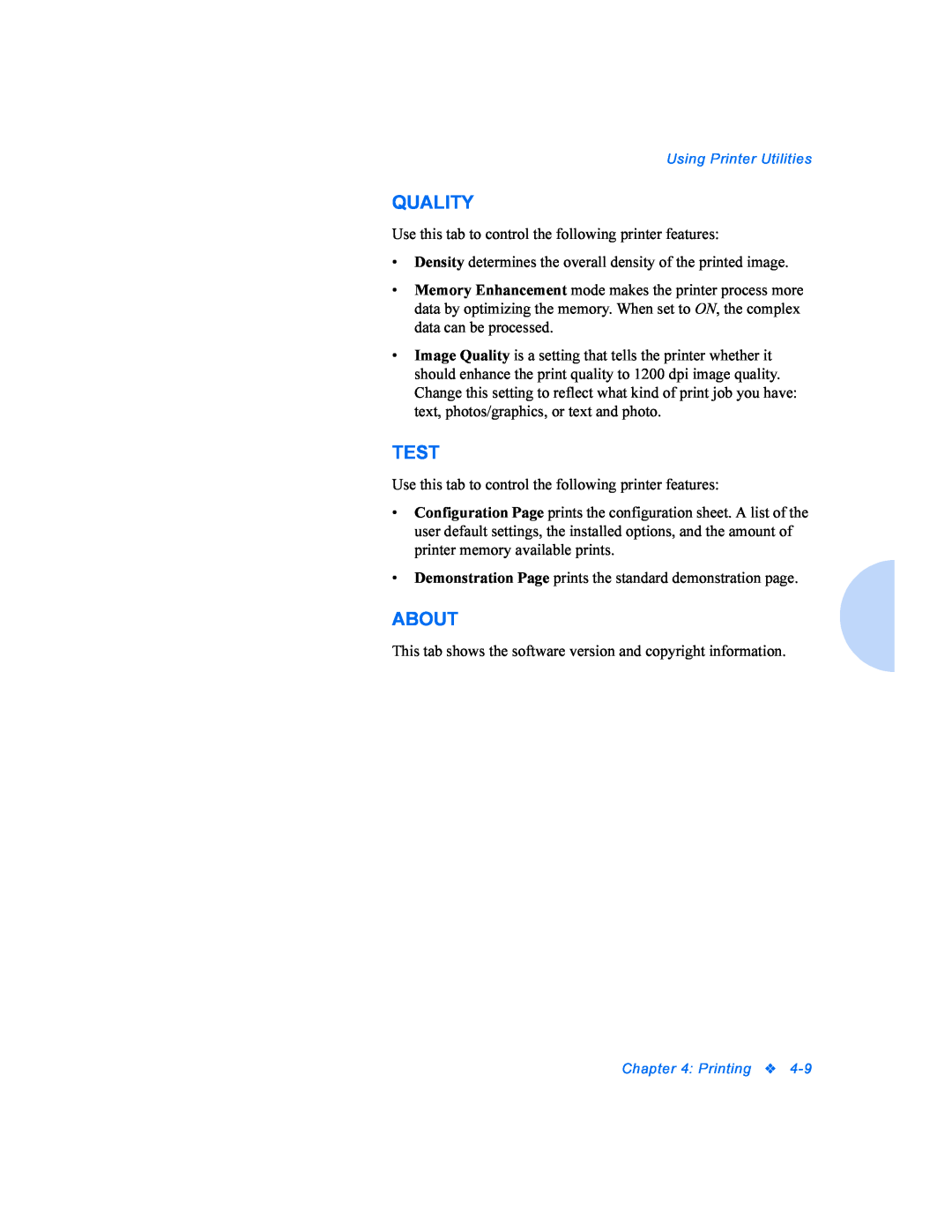 Xerox P8EX manual Quality, Test, About, Using Printer Utilities, Printing 