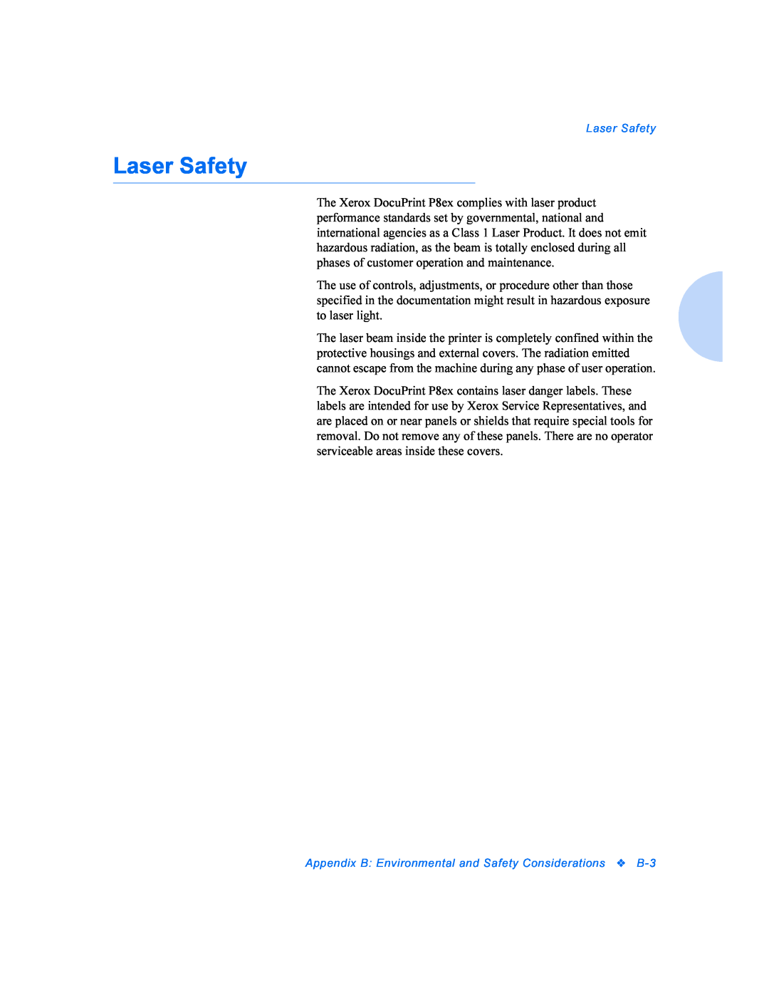 Xerox P8EX manual Laser Safety 