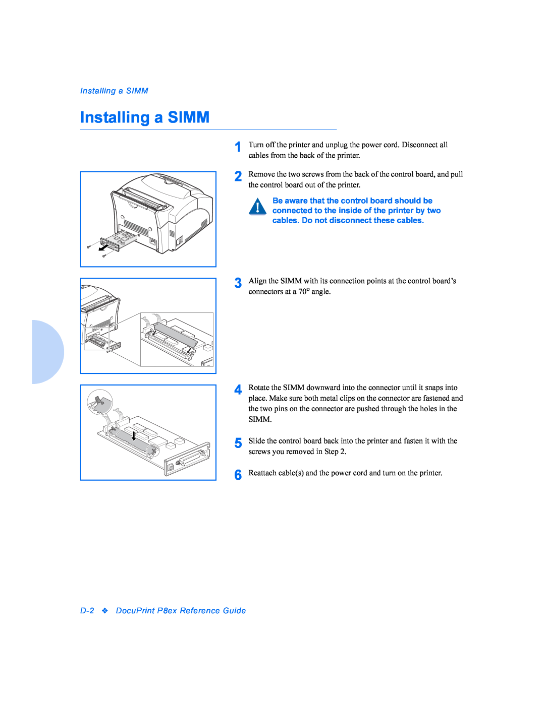 Xerox P8EX manual Installing a SIMM, D-2DocuPrint P8ex Reference Guide 