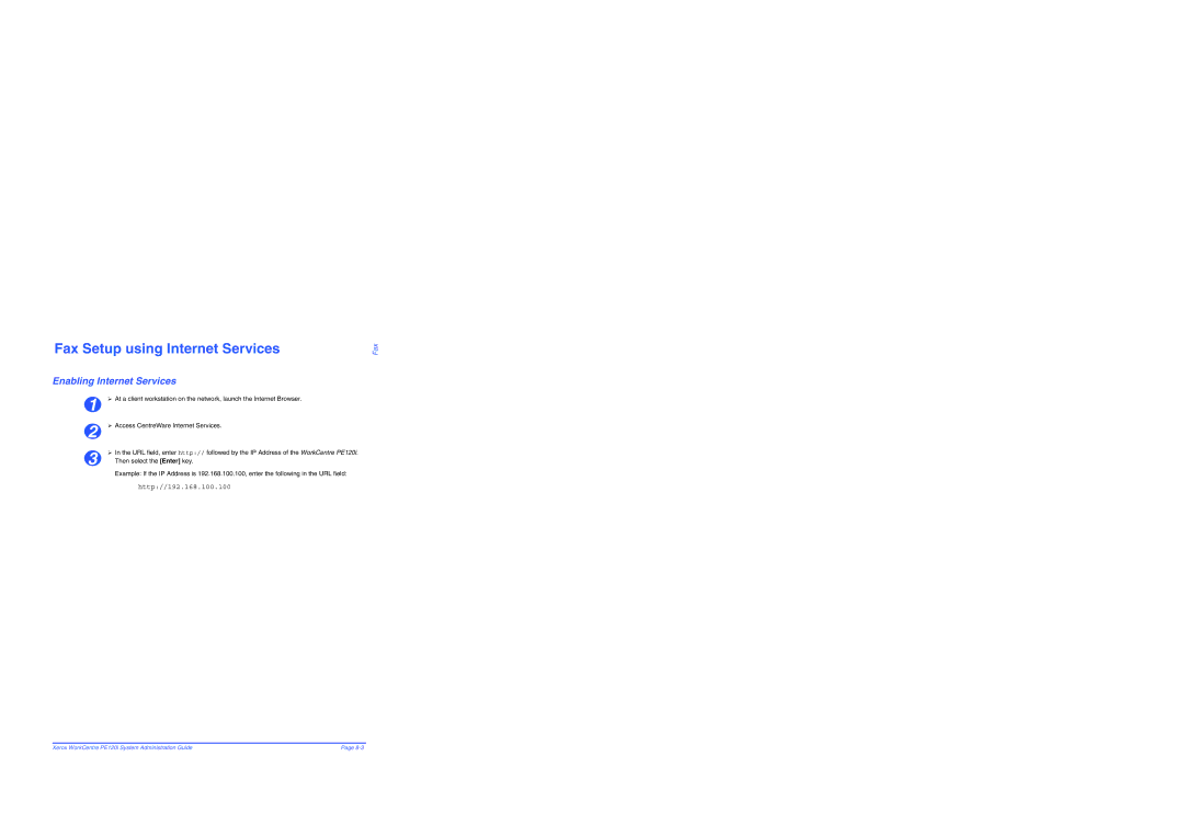 Xerox PE120i manual Fax Setup using Internet Services, Enabling Internet Services 