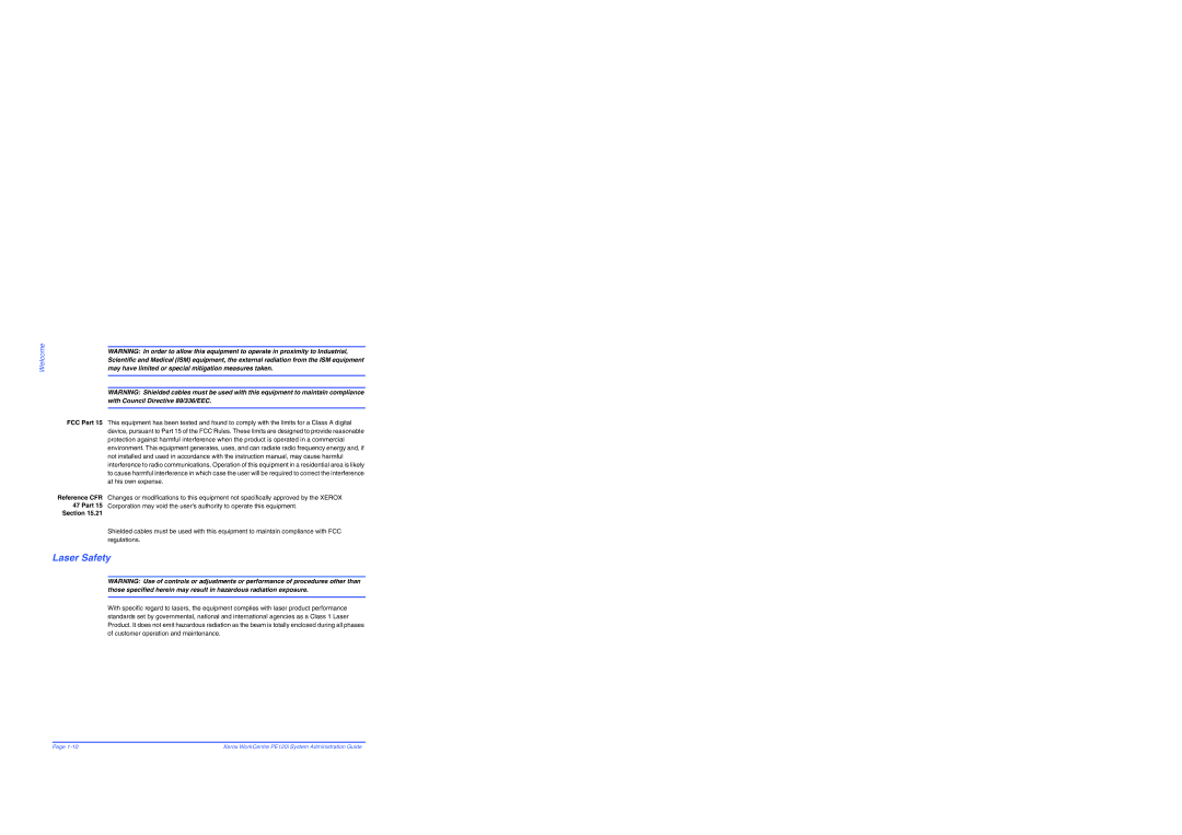 Xerox PE120i manual Laser Safety, FCC Part Reference CFR Section 