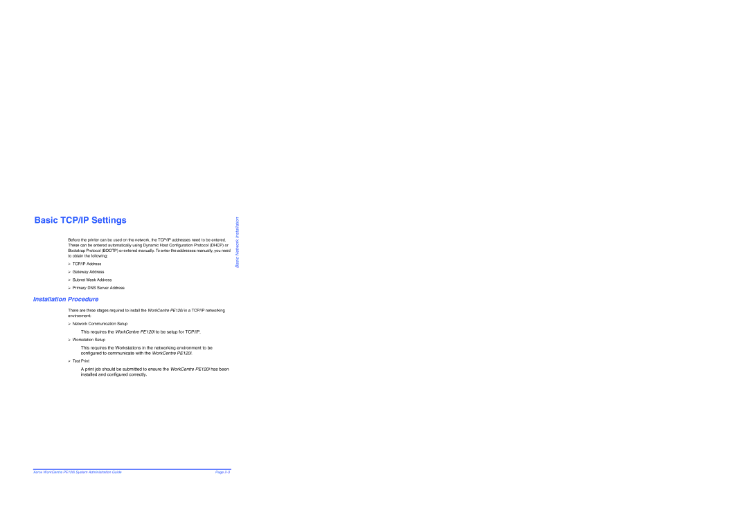 Xerox PE120i manual Basic TCP/IP Settings, Installation Procedure 