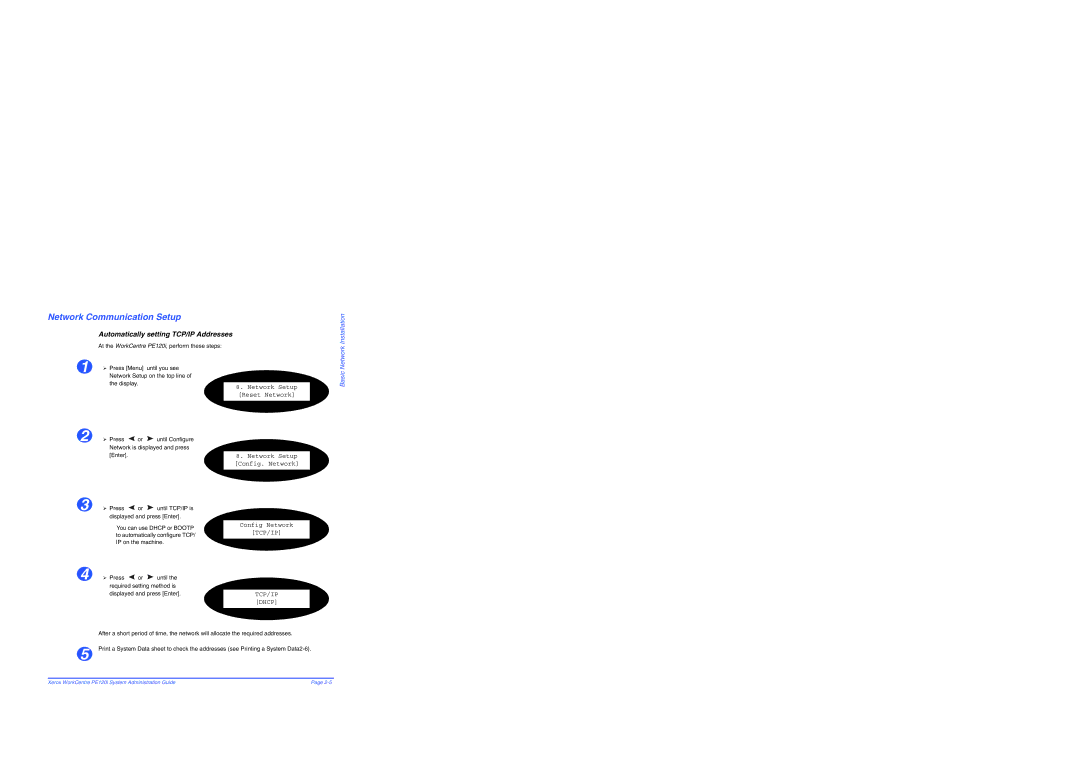 Xerox PE120i manual Network Communication Setup, Automatically setting TCP/IP Addresses 