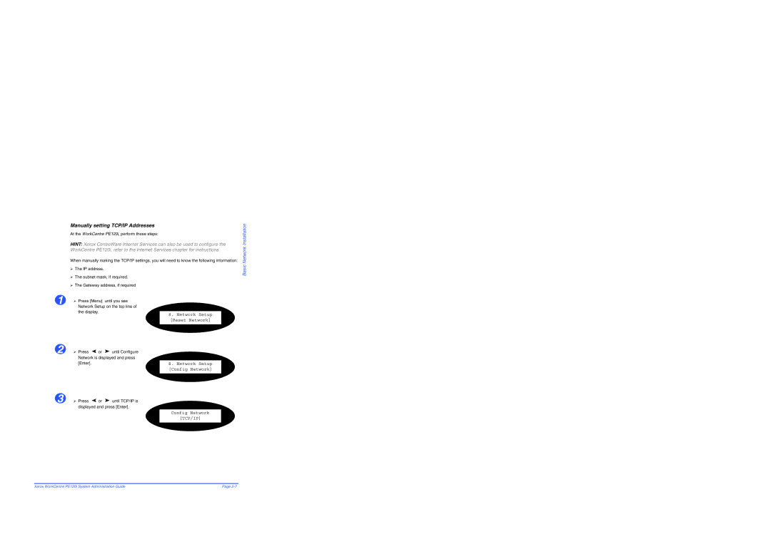 Xerox PE120i manual Manually setting TCP/IP Addresses 