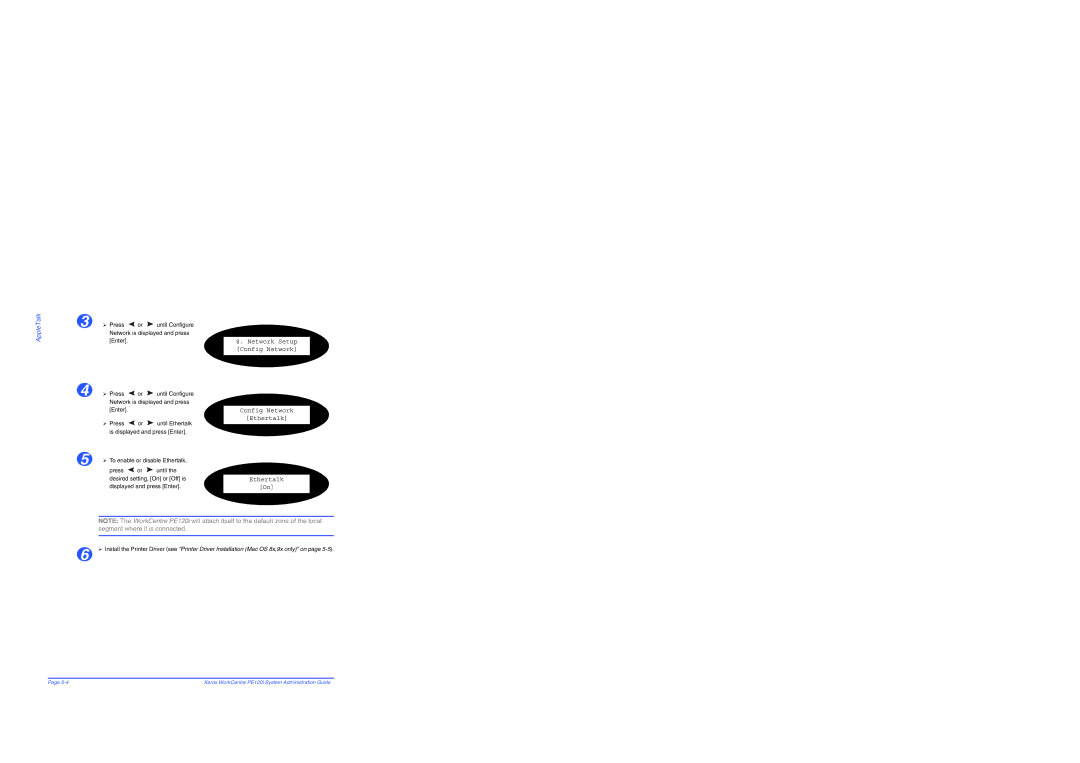 Xerox PE120i manual Network Setup Config Network Ethertalk 