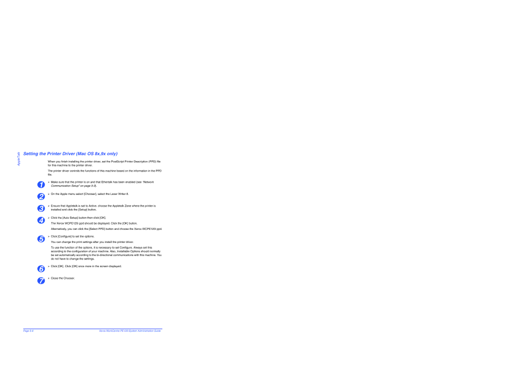 Xerox manual Setting the Printer Driver Mac OS 8x,9x only, Xerox WCPE120i ppd should be displayed. Click the OK button 