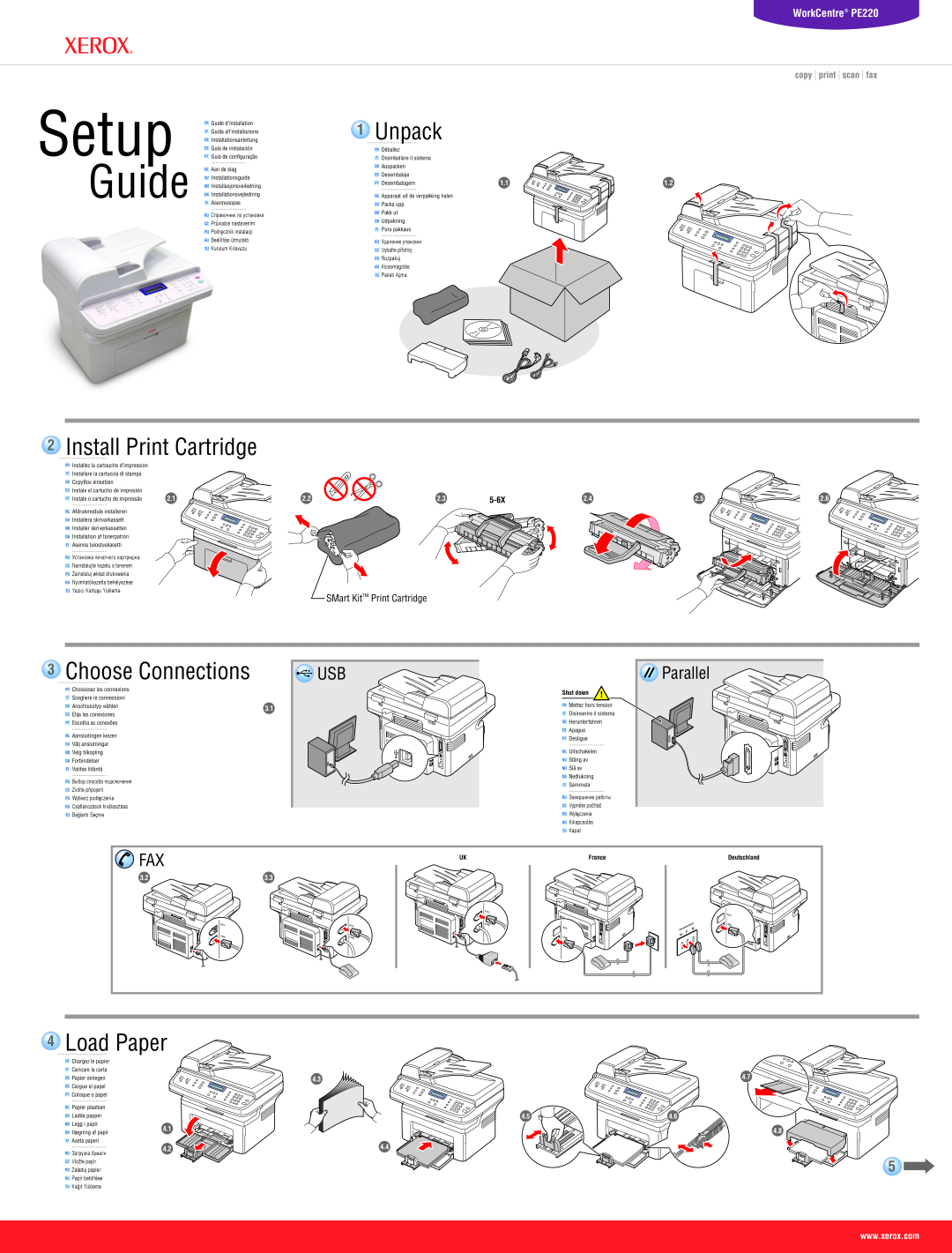 Xerox PE220 setup guide Unpack, Install Print Cartridge, Load Paper, Setup, Guide, Choose Connections, Parallel, 5-6X 