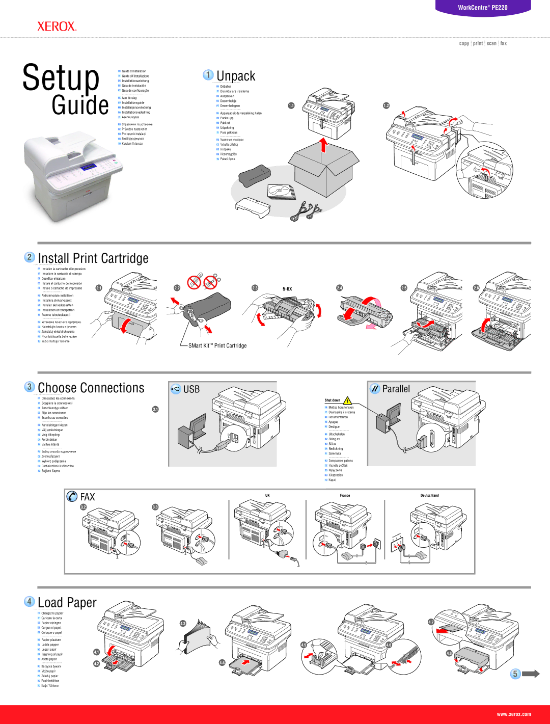 Xerox PE220 setup guide Unpack, Install Print Cartridge, Load Paper 