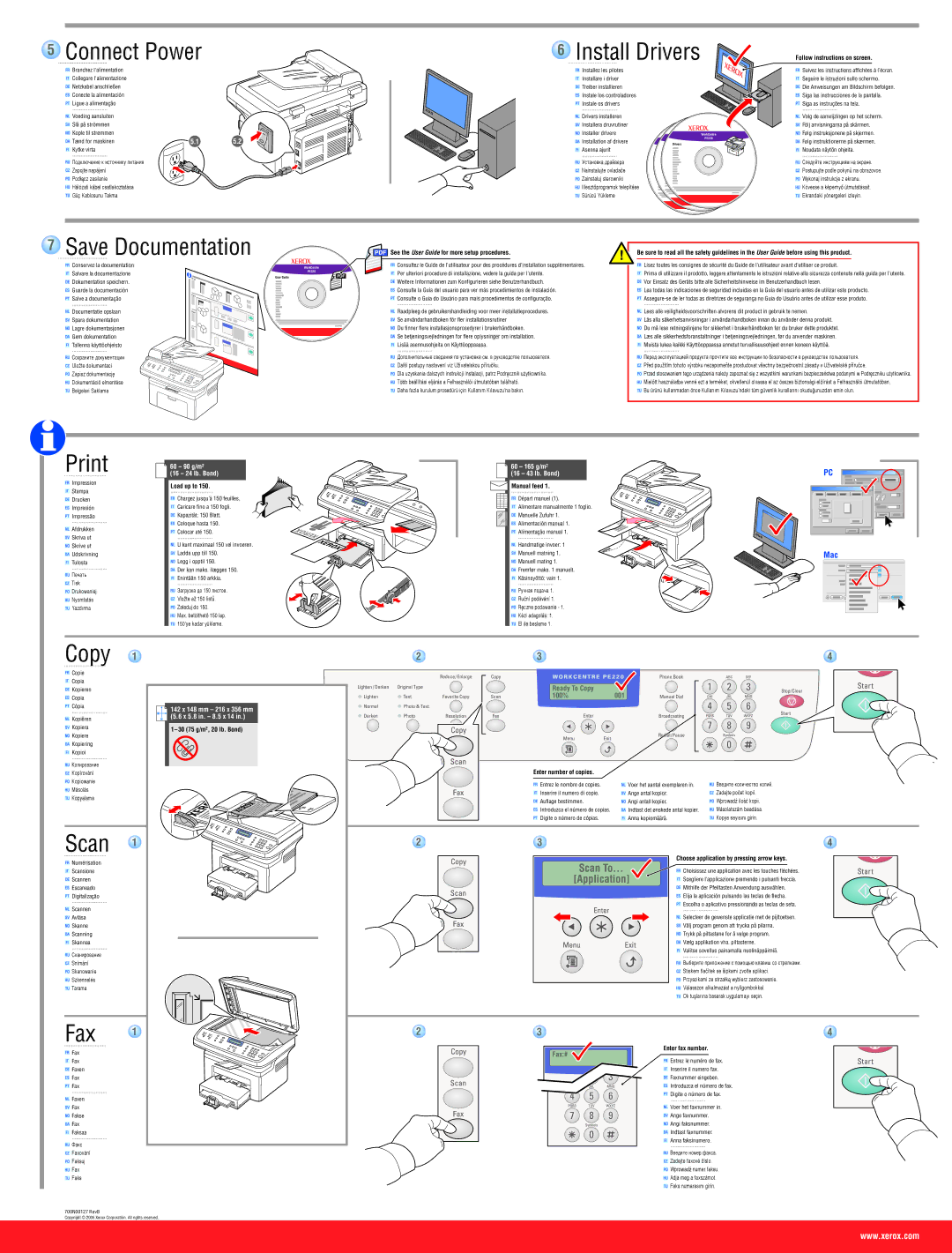 Xerox PE220 setup guide Connect Power, Save Documentation, Print, Copy, Scan, Fax 