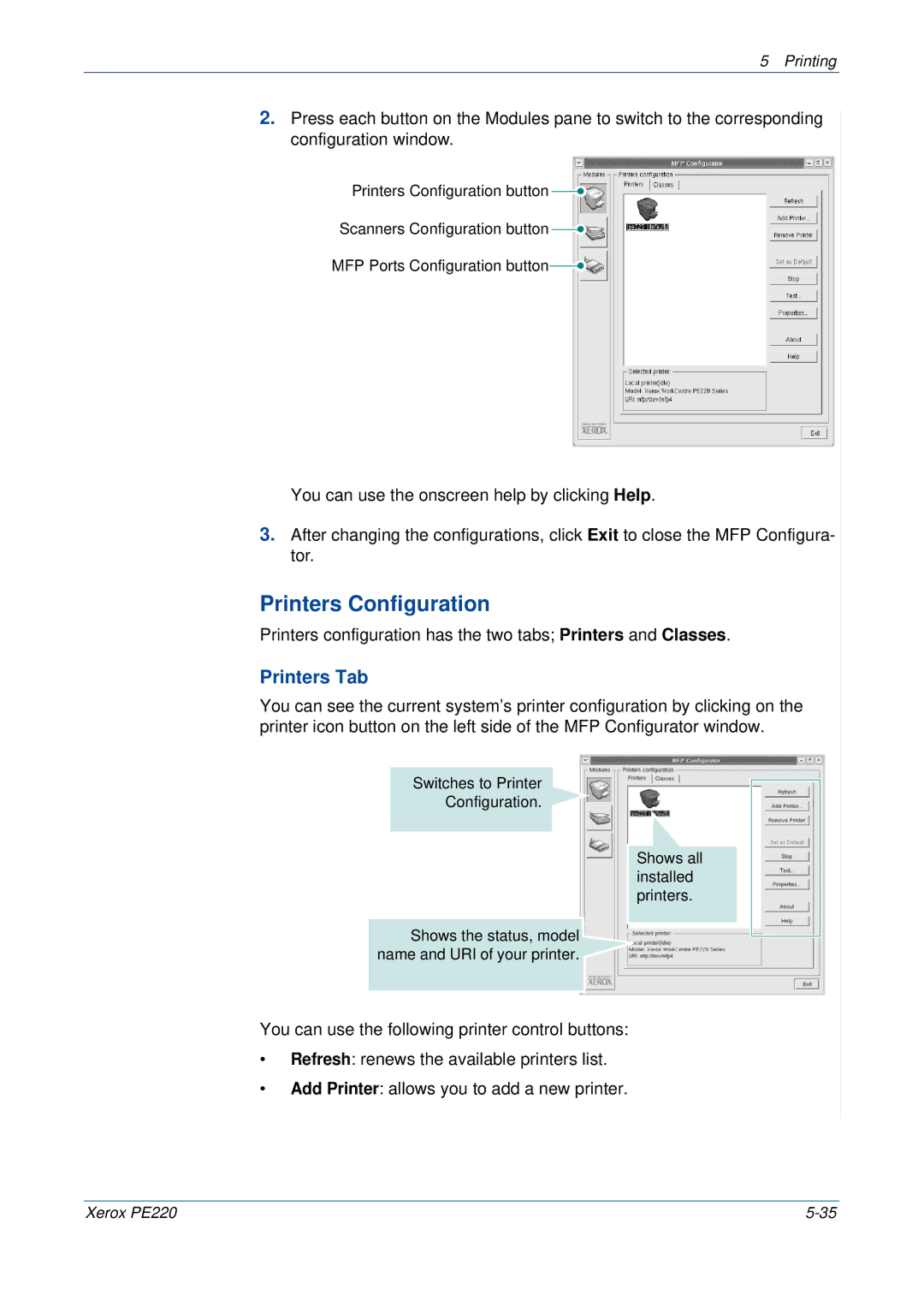 Xerox PE220 manual Printers Configuration, Printers Tab 