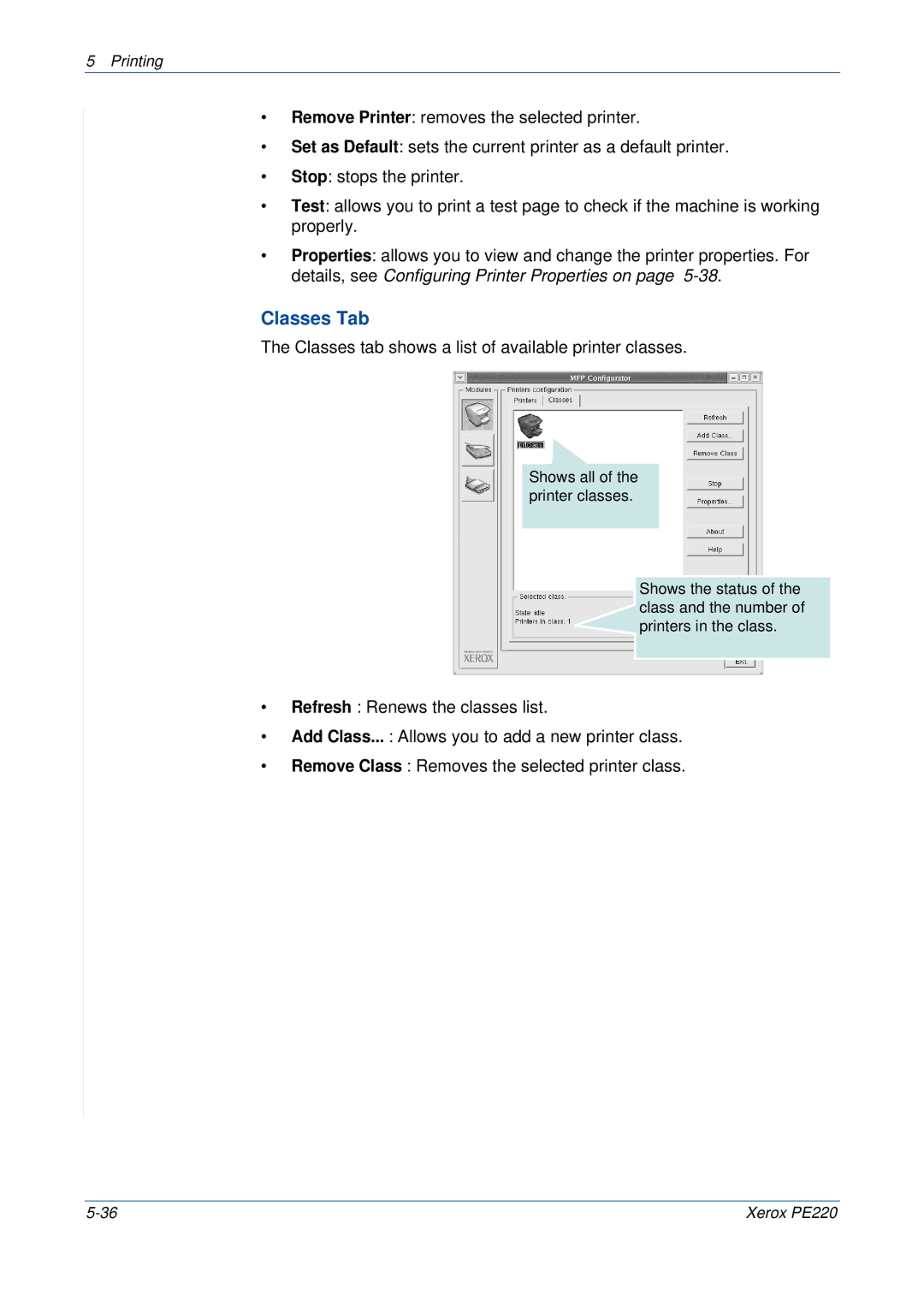 Xerox PE220 manual Classes Tab, Classes tab shows a list of available printer classes 