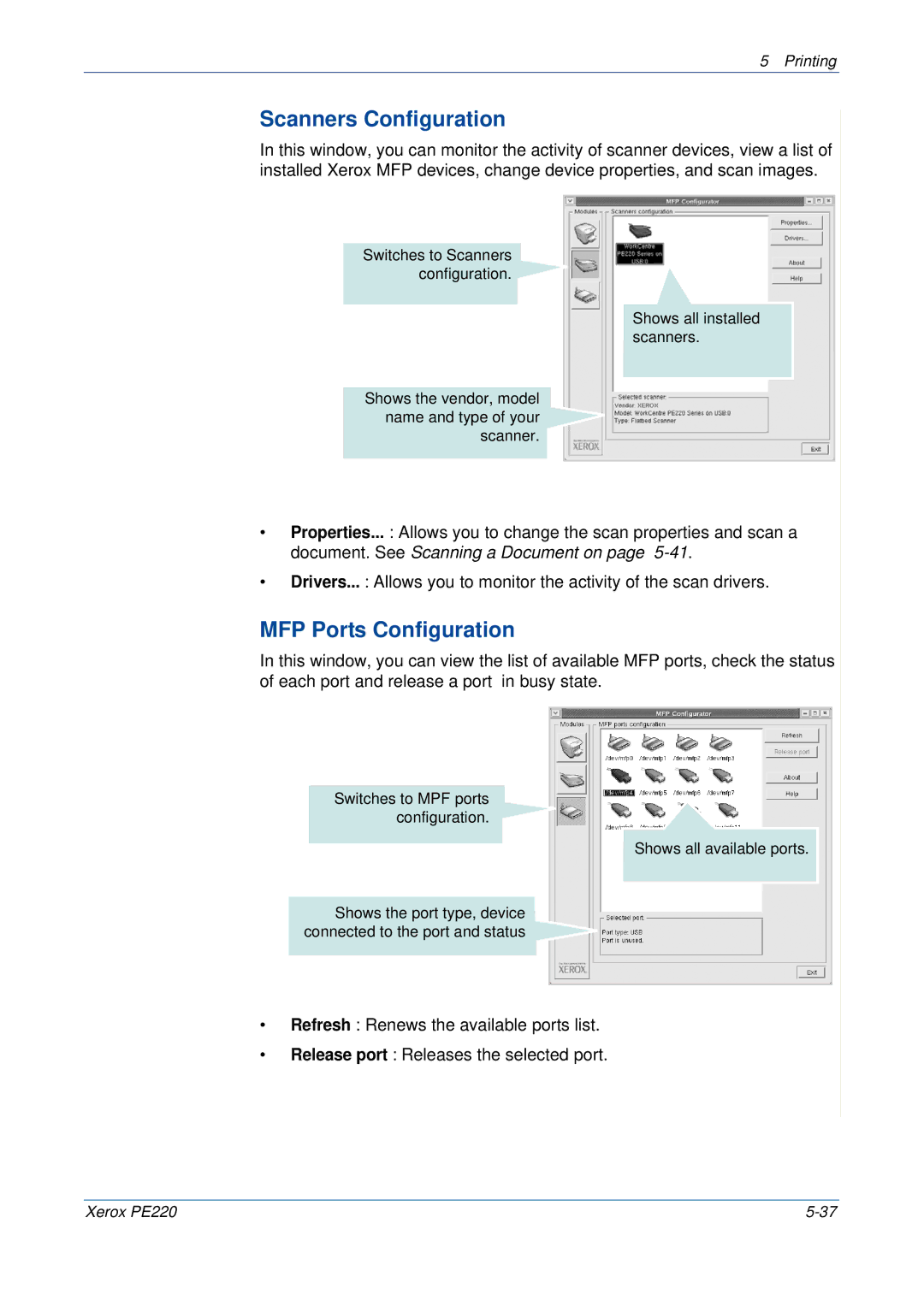 Xerox PE220 manual Scanners Configuration, MFP Ports Configuration 