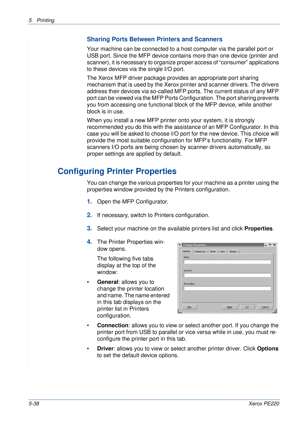 Xerox PE220 manual Configuring Printer Properties, Sharing Ports Between Printers and Scanners 