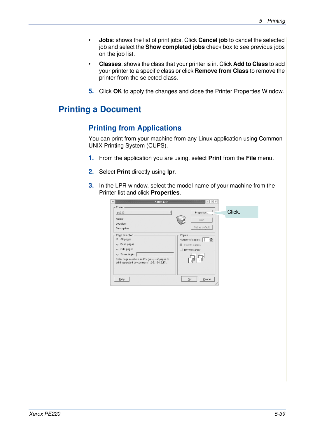 Xerox PE220 manual Printing a Document, Printing from Applications 