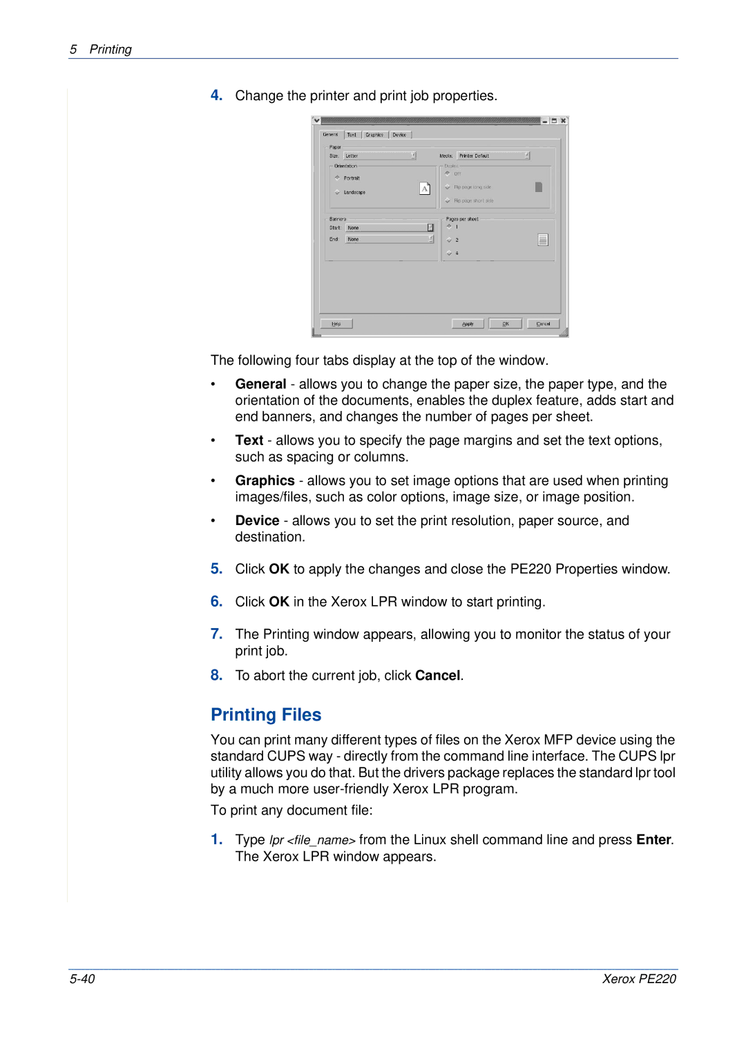 Xerox PE220 manual Printing Files 