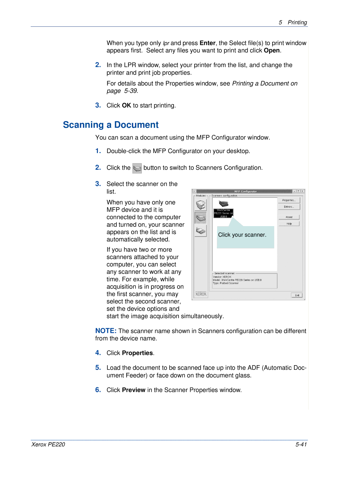 Xerox PE220 manual Scanning a Document, Click Properties 