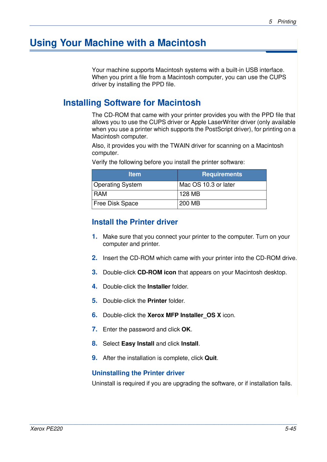 Xerox PE220 manual Using Your Machine with a Macintosh, Installing Software for Macintosh, Install the Printer driver 