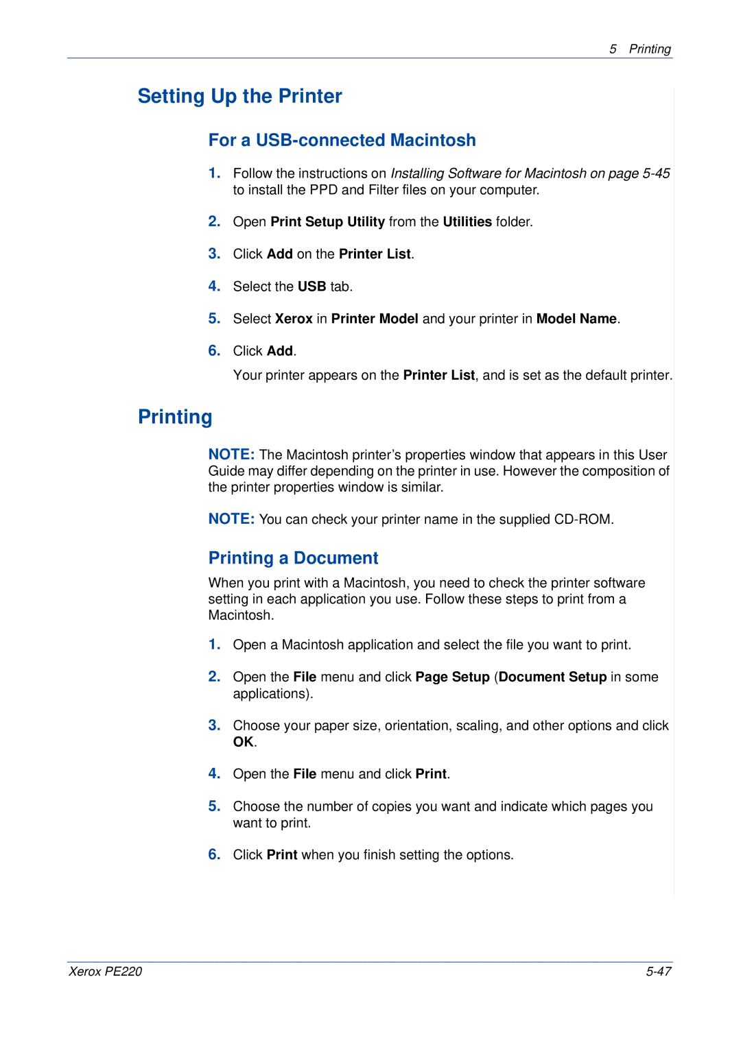 Xerox PE220 manual Setting Up the Printer, For a USB-connected Macintosh, Printing a Document 