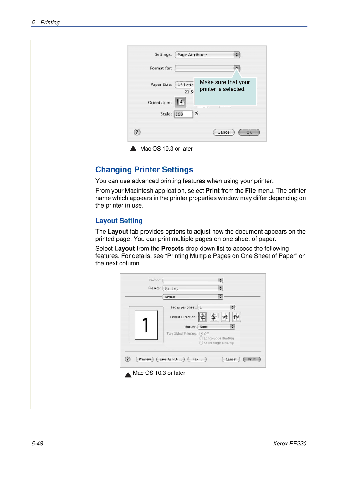 Xerox PE220 manual Changing Printer Settings, Layout Setting 