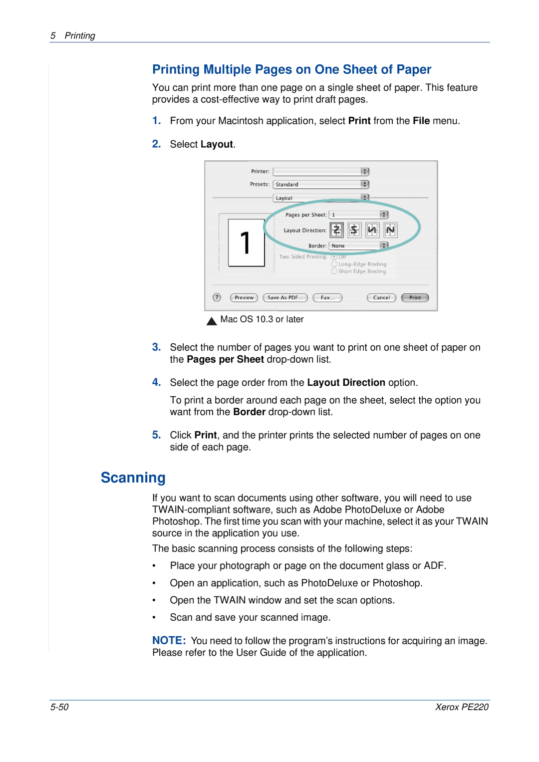 Xerox PE220 manual Scanning, Printing Multiple Pages on One Sheet of Paper 