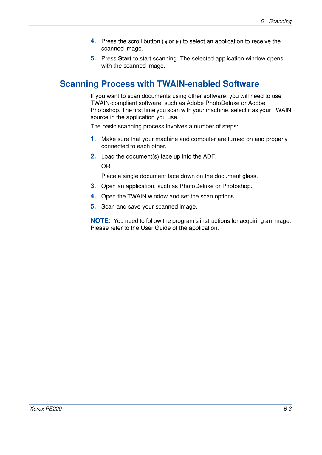 Xerox PE220 manual Scanning Process with TWAIN-enabled Software 