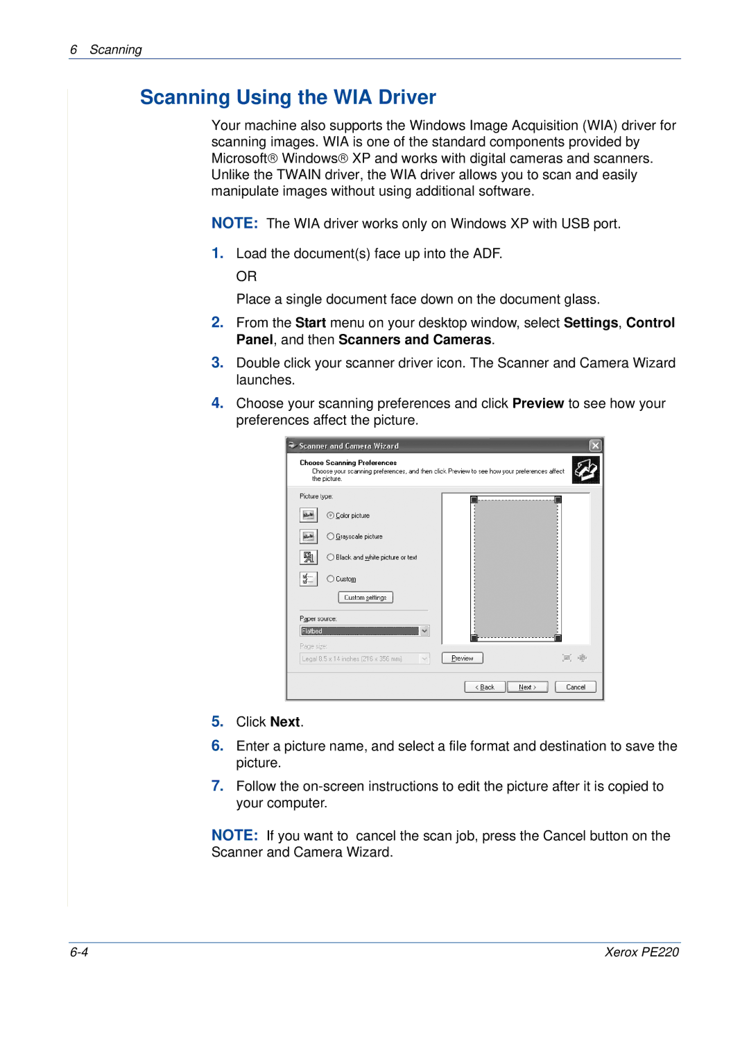 Xerox PE220 manual Scanning Using the WIA Driver 