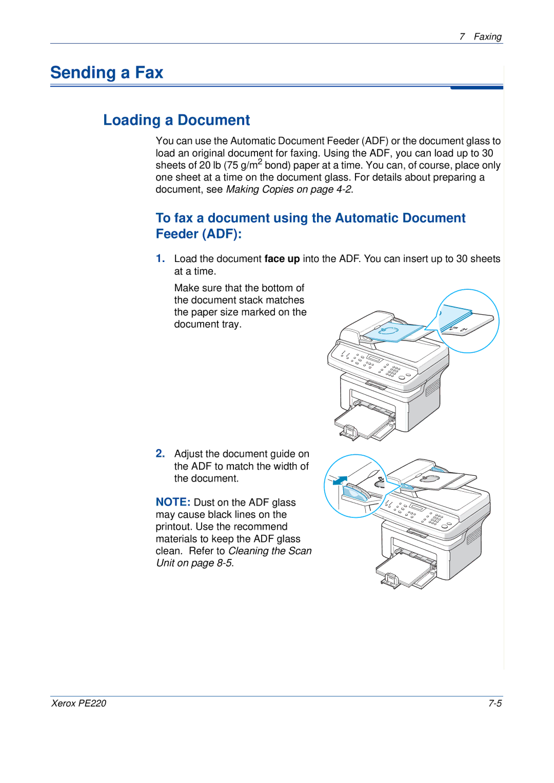 Xerox PE220 manual Sending a Fax, Loading a Document, To fax a document using the Automatic Document Feeder ADF 