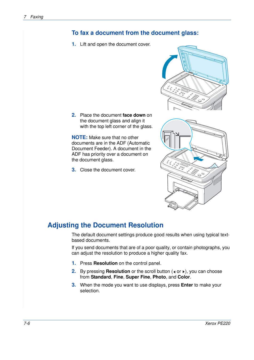 Xerox PE220 manual Adjusting the Document Resolution, To fax a document from the document glass 