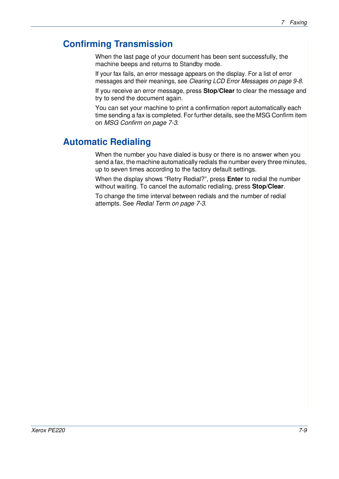 Xerox PE220 manual Confirming Transmission, Automatic Redialing 