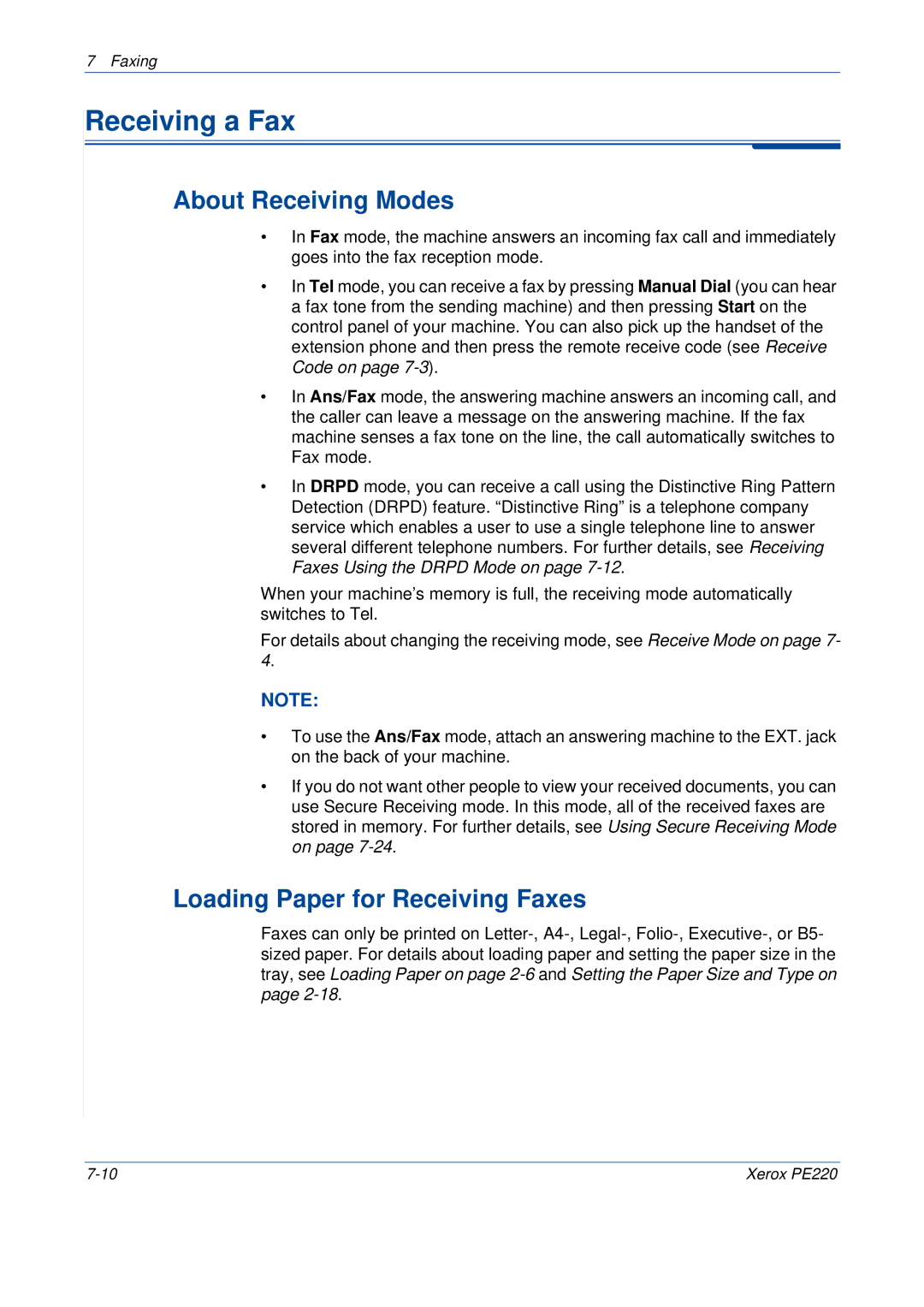 Xerox PE220 manual Receiving a Fax, About Receiving Modes, Loading Paper for Receiving Faxes 