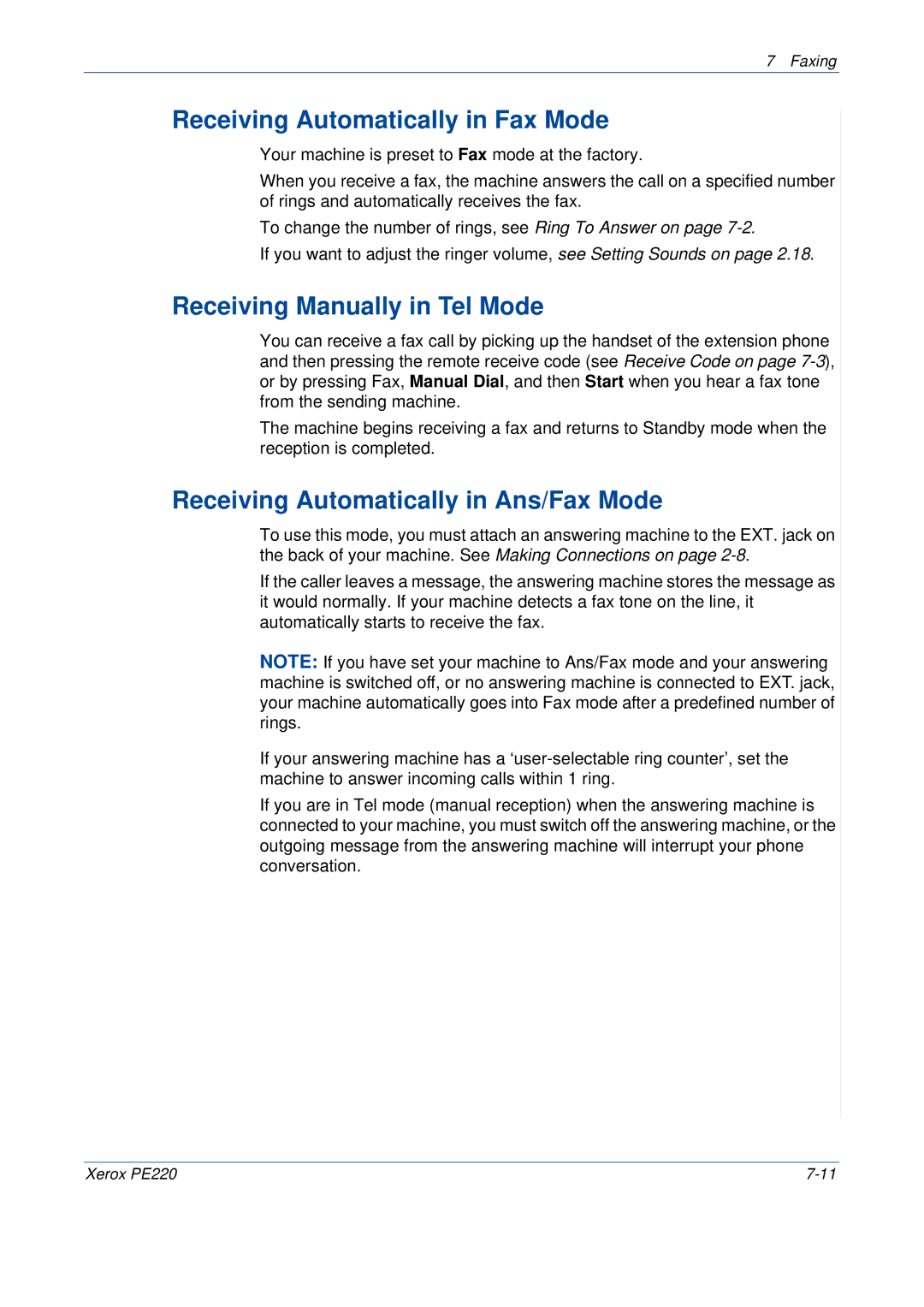 Xerox PE220 Receiving Automatically in Fax Mode, Receiving Manually in Tel Mode, Receiving Automatically in Ans/Fax Mode 