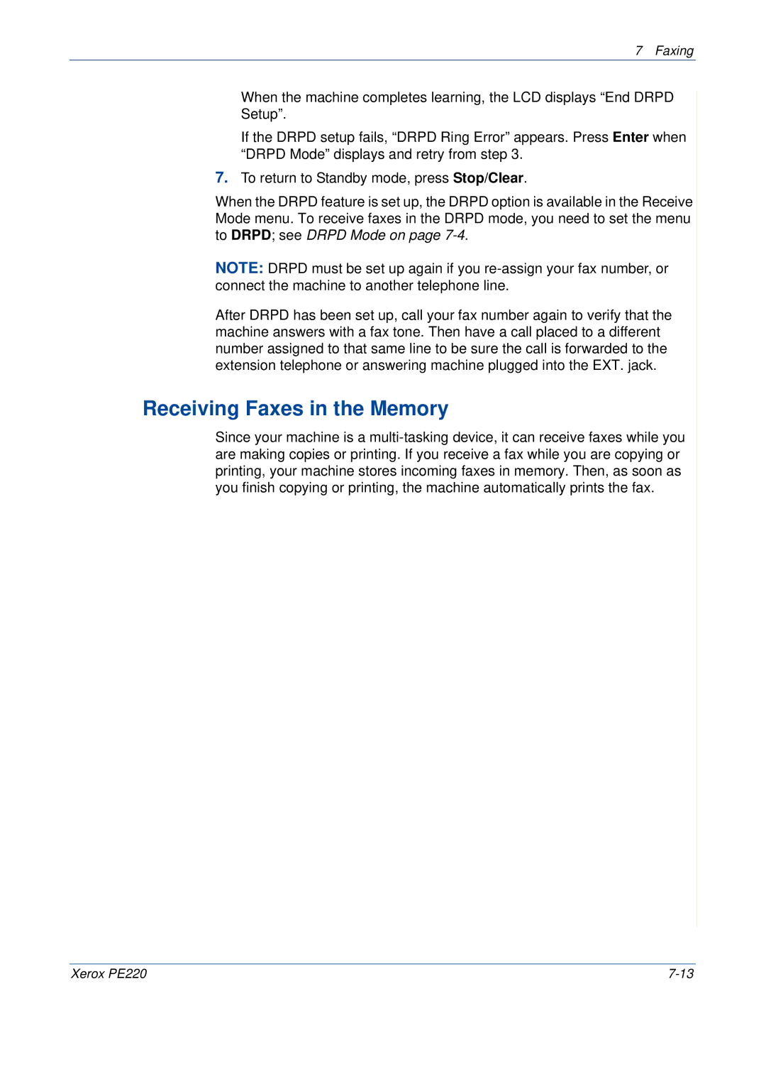 Xerox PE220 manual Receiving Faxes in the Memory 