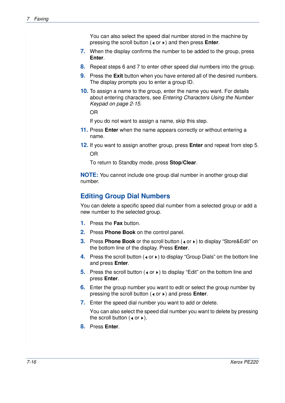 Xerox PE220 manual Editing Group Dial Numbers 