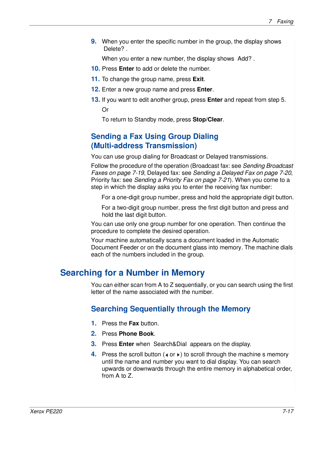 Xerox PE220 manual Searching for a Number in Memory, Searching Sequentially through the Memory, Press Phone Book 