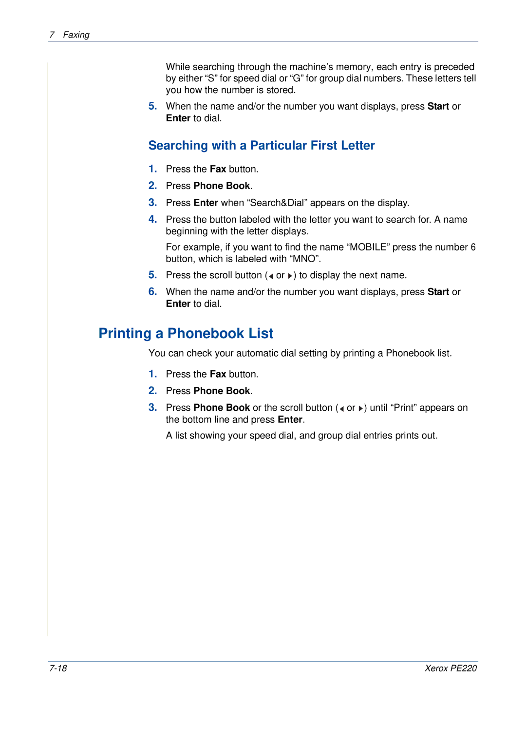 Xerox PE220 manual Printing a Phonebook List, Searching with a Particular First Letter 