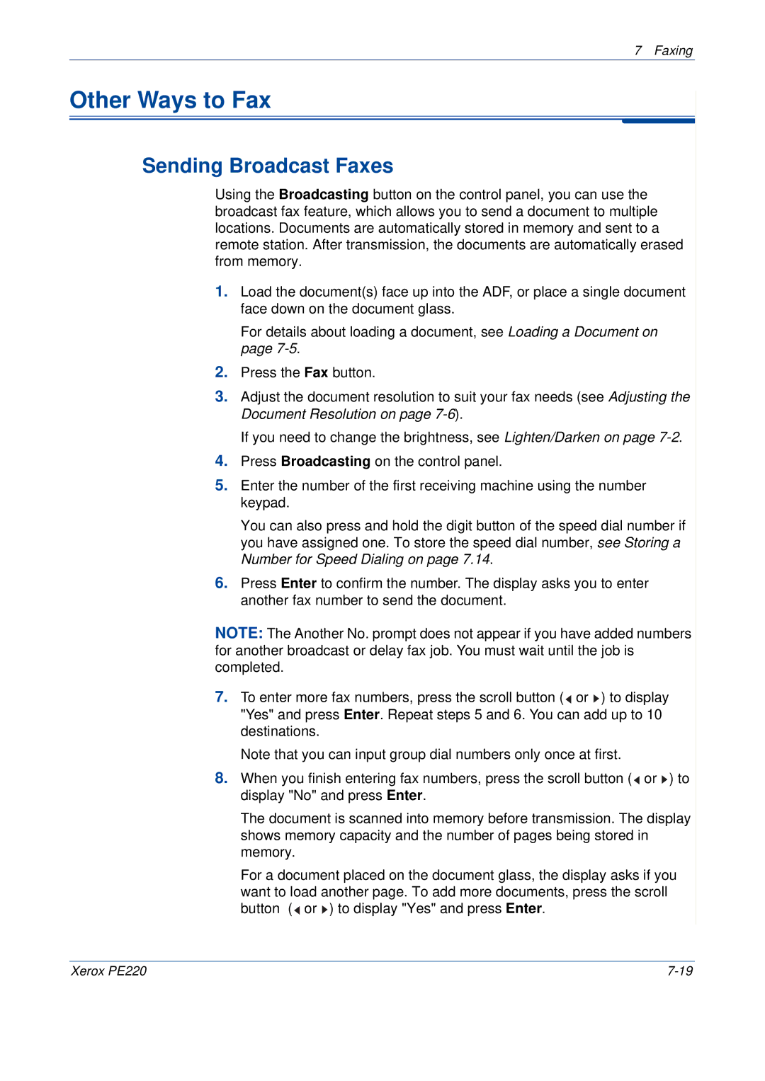 Xerox PE220 manual Other Ways to Fax, Sending Broadcast Faxes 