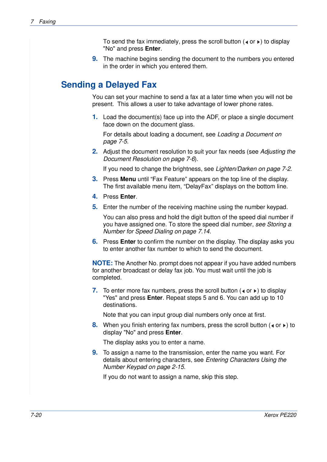 Xerox PE220 manual Sending a Delayed Fax 