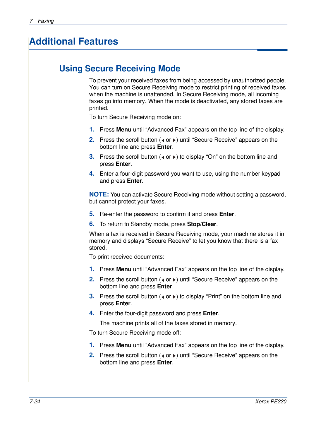 Xerox PE220 manual Additional Features, Using Secure Receiving Mode 