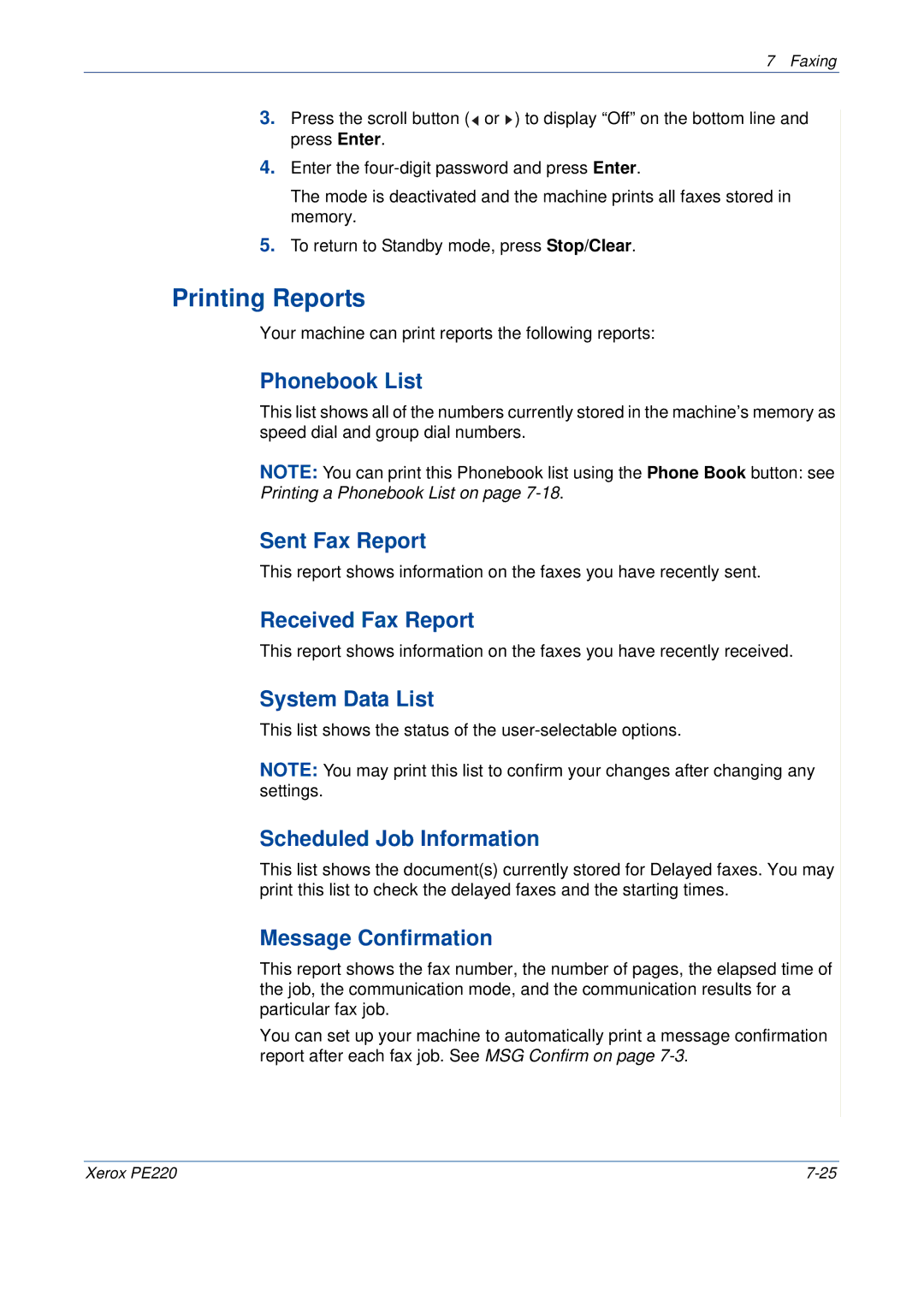 Xerox PE220 manual Printing Reports 