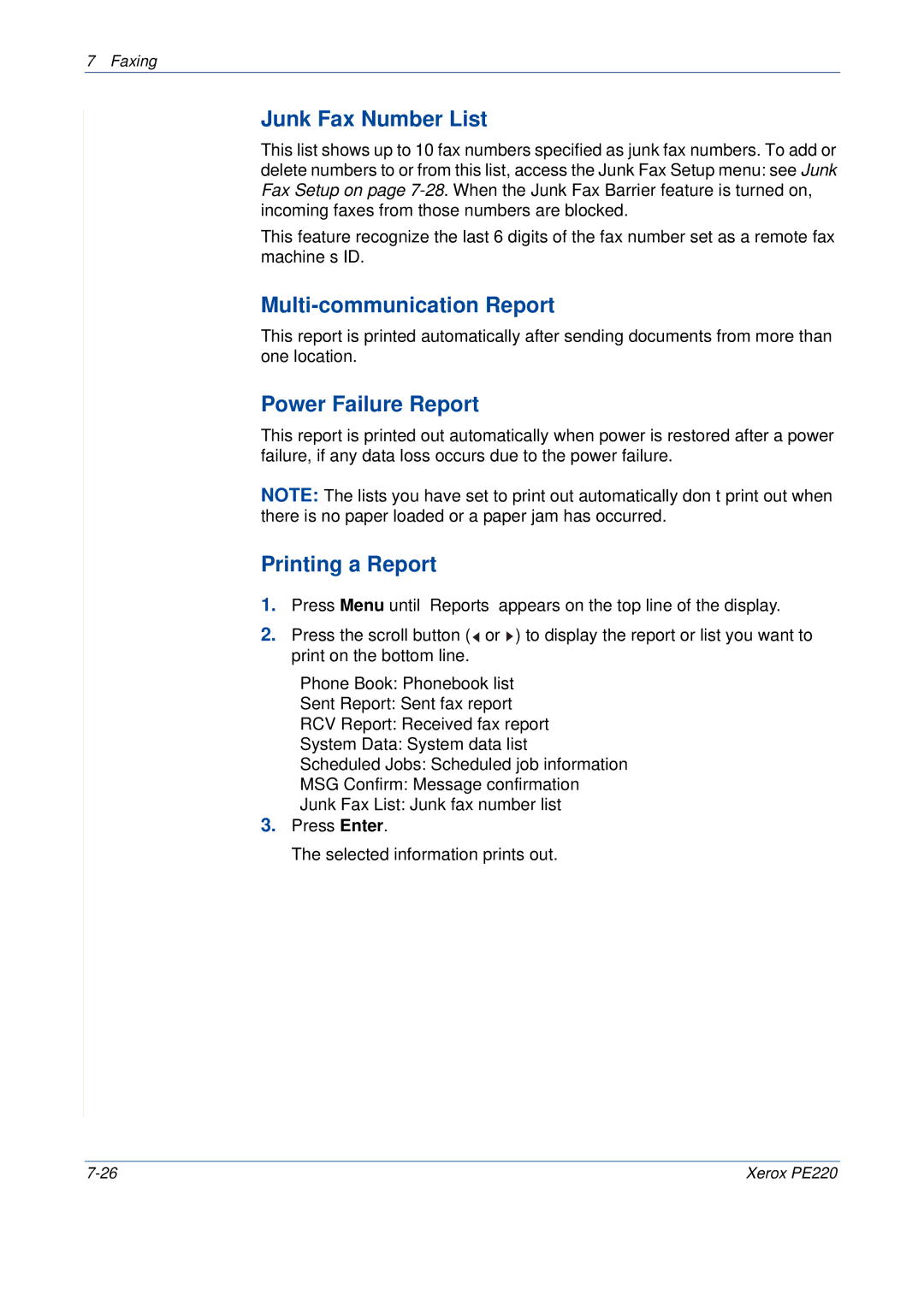 Xerox PE220 manual Junk Fax Number List, Multi-communication Report, Power Failure Report, Printing a Report 