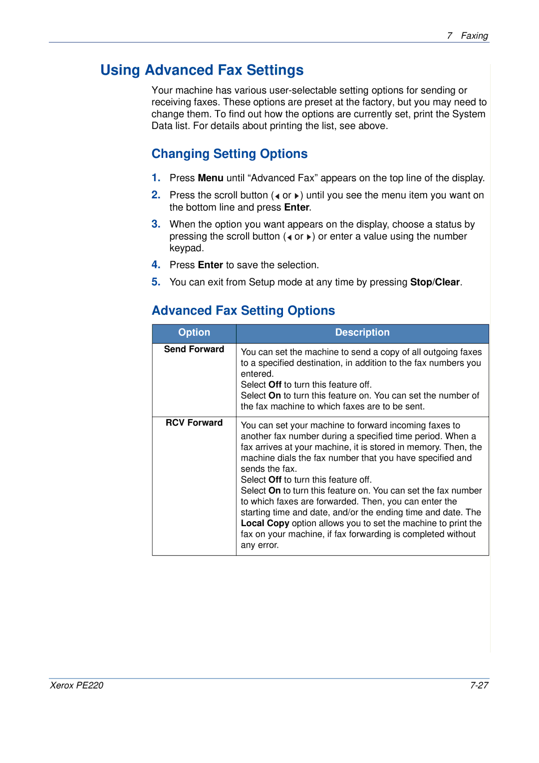 Xerox PE220 manual Using Advanced Fax Settings, Changing Setting Options, Advanced Fax Setting Options 