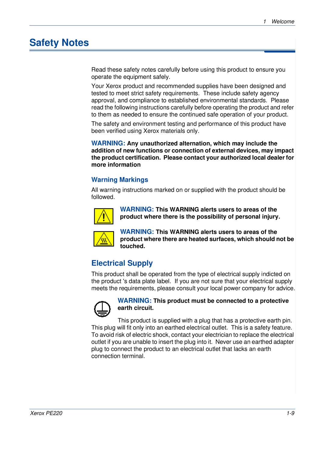 Xerox PE220 manual Safety Notes, Electrical Supply 