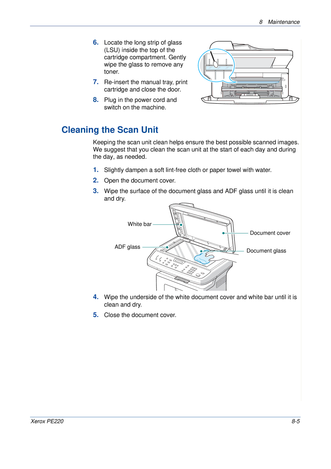 Xerox PE220 manual Cleaning the Scan Unit 