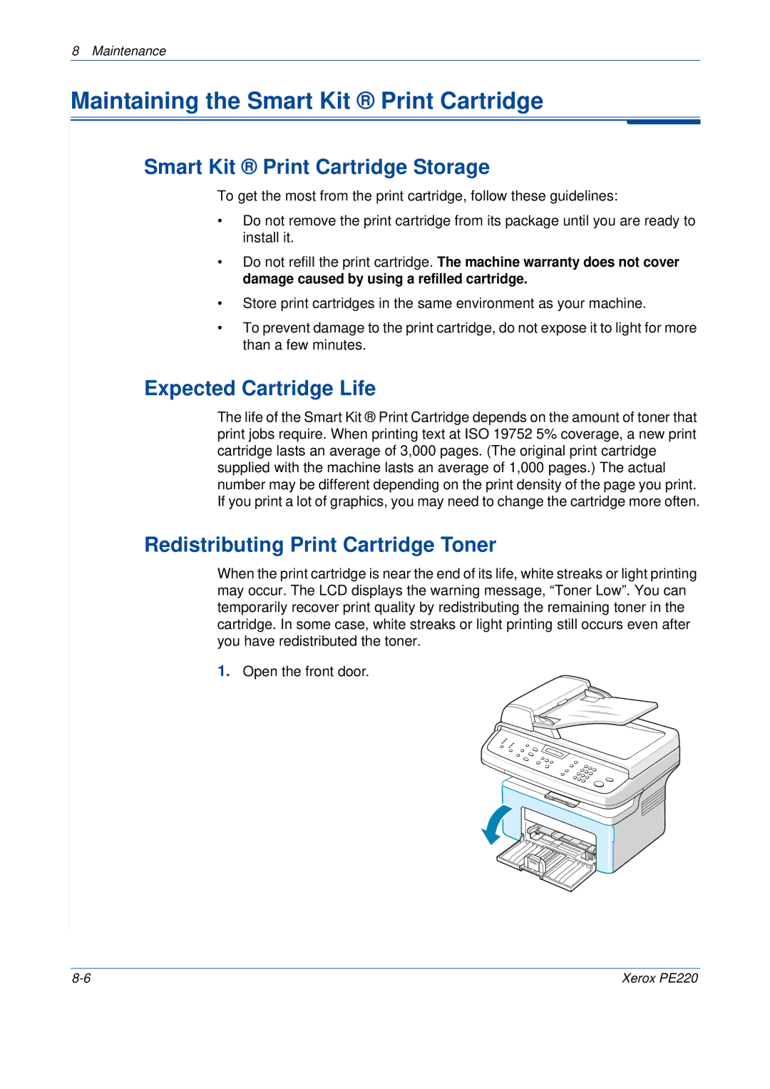 Xerox PE220 manual Maintaining the Smart Kit Print Cartridge, Smart Kit Print Cartridge Storage, Expected Cartridge Life 