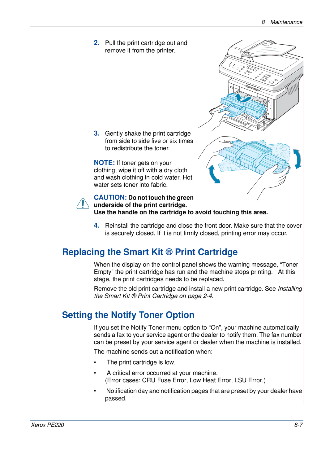 Xerox PE220 manual Replacing the Smart Kit Print Cartridge, Setting the Notify Toner Option 