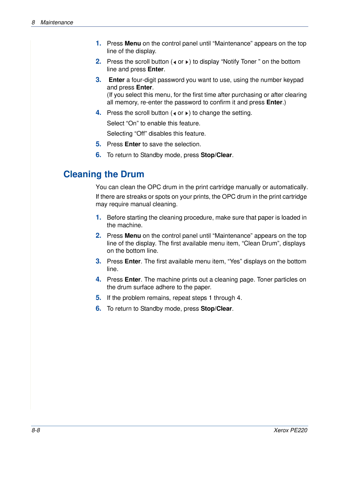 Xerox PE220 manual Cleaning the Drum 