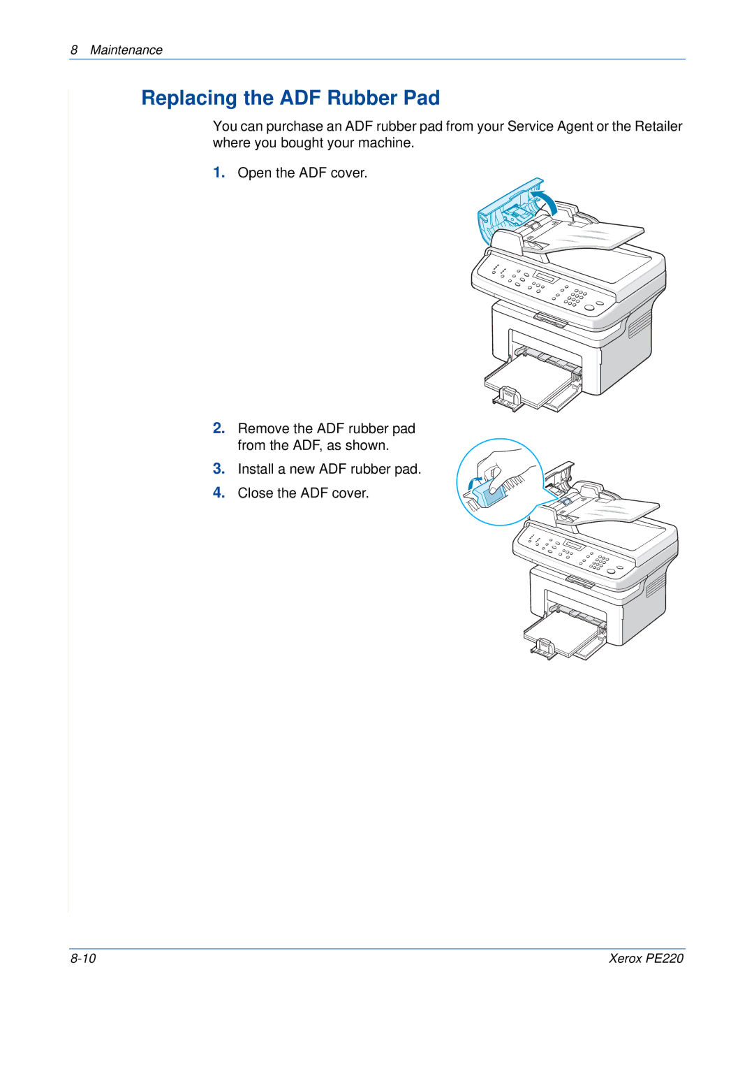 Xerox PE220 manual Replacing the ADF Rubber Pad 