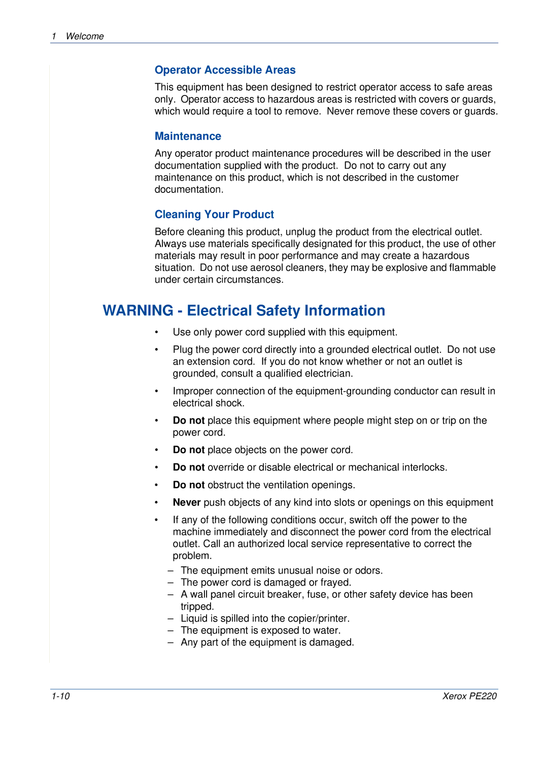 Xerox PE220 manual Operator Accessible Areas, Maintenance, Cleaning Your Product 